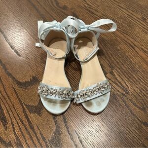 Toddler Girls Dress Sandals Blue Satin Rhinestone Block Heel 11 Removable Bow
